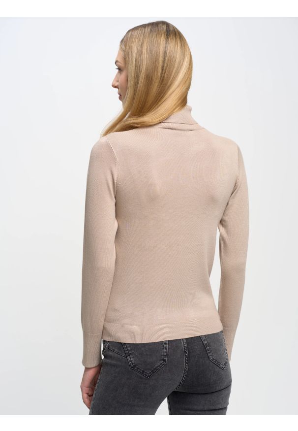 Big-Star - Sweter damski z golfem beżowy Charlinka 801. Okazja: na co dzień. Typ kołnierza: golf. Kolor: beżowy. Materiał: jeans, skóra. Wzór: aplikacja. Styl: wizytowy, klasyczny, casual
