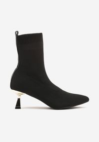 Born2be - Czarno-Złote Botki Vices na Metalicznej Szpilce Kaczuszce ze Skarpetową Cholewką Vamige. Okazja: na co dzień. Kolor: czarny. Materiał: jeans. Szerokość cholewki: normalna. Obcas: na szpilce. Styl: klasyczny, casual #6