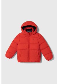 TOMMY HILFIGER - Tommy Hilfiger kurtka puchowa dziecięca kolor czerwony. Okazja: na co dzień. Kolor: czerwony. Materiał: puch. Styl: casual