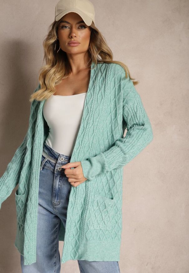 Renee - Miętowy Kardigan Nierozpinany o Długim Kroju Ozdobiony Tłoczeniem Vailithe. Okazja: na co dzień, na spacer. Kolor: miętowy. Materiał: jeans. Długość: długie. Wzór: aplikacja. Styl: casual, elegancki