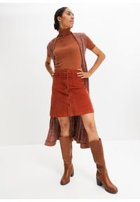 bonprix - Spódnica sztruksowa ze stretchem i plisą guzikową. Kolor: brązowy. Materiał: sztruks #3