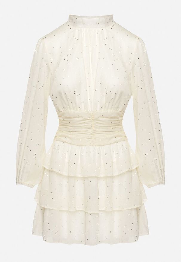 Born2be - Jasnobeżowa Elegancka Sukienka z Błyszczącymi Drobinkami i Falbankami Tinaria. Typ kołnierza: kołnierz z falbankami. Kolor: beżowy. Styl: elegancki