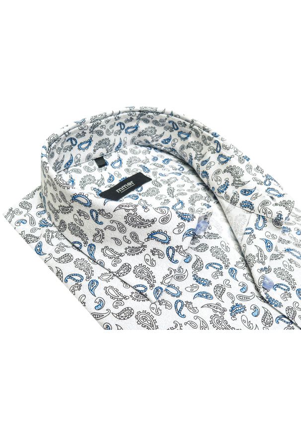 Mmer / Villaro - Koszule męskie - Biała koszula w niebiesko-szary paisley A041. Kolor: szary, biały, wielokolorowy, niebieski. Materiał: bawełna, elastan, tkanina. Długość: długie. Wzór: paisley