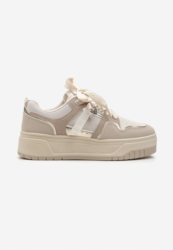 Renee - Ciemnobeżowe Sneakersy na Niskiej Platformie z Zawieszką i Ozdobnymi Sznurówkami Salam. Okazja: na co dzień, na spacer. Zapięcie: sznurówki. Kolor: beżowy. Materiał: jeans. Sezon: lato, wiosna. Obcas: na platformie. Sport: turystyka piesza