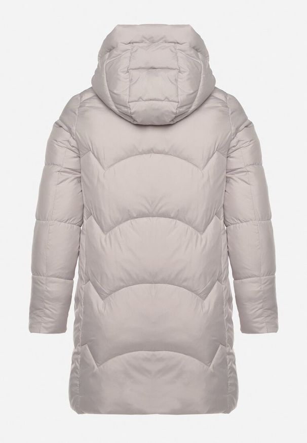 Born2be - Jasnoszara Długa Pikowana Kurtka z Nieodpinanym Kapturem Mevessia. Okazja: na co dzień. Kolor: szary. Materiał: jeans. Długość: długie. Styl: klasyczny, casual, elegancki