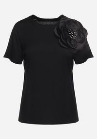 Born2be - Czarny Bawełniany T-shirt z Krótkim Rękawem i Aplikacją w Kształcie Kwiatu z Cyrkoniami Dimantee. Okazja: na co dzień. Kolor: czarny. Materiał: bawełna. Długość rękawa: krótki rękaw. Długość: krótkie. Wzór: aplikacja, kwiaty. Styl: casual, klasyczny