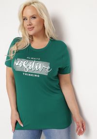 Born2be - Ciemnozielony T-shirt z Ozdobnym Nadrukiem z Metalicznym Połyskiem Neomania. Kolor: zielony. Wzór: nadruk