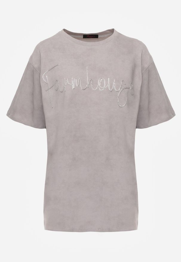 Born2be - Szary Bawełniany T-shirt Oversize z Haftowanym Napisem z Cekinami Aewai. Okazja: na co dzień. Kolor: szary. Materiał: bawełna. Wzór: napisy, haft. Styl: elegancki, casual