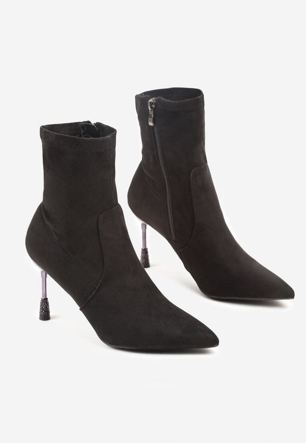 Renee - Czarne Botki Vices na Szpilce Ozdobionej Cyrkoniami Cadvire. Okazja: na co dzień. Kolor: czarny. Materiał: jeans. Wzór: aplikacja. Obcas: na szpilce. Styl: casual, street, elegancki