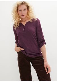 bonprix - Bluzka bawełniana z dekoltem henley z plisą guzikową. Typ kołnierza: typu henley. Kolor: fioletowy. Materiał: bawełna. Długość rękawa: długi rękaw. Długość: długie #1
