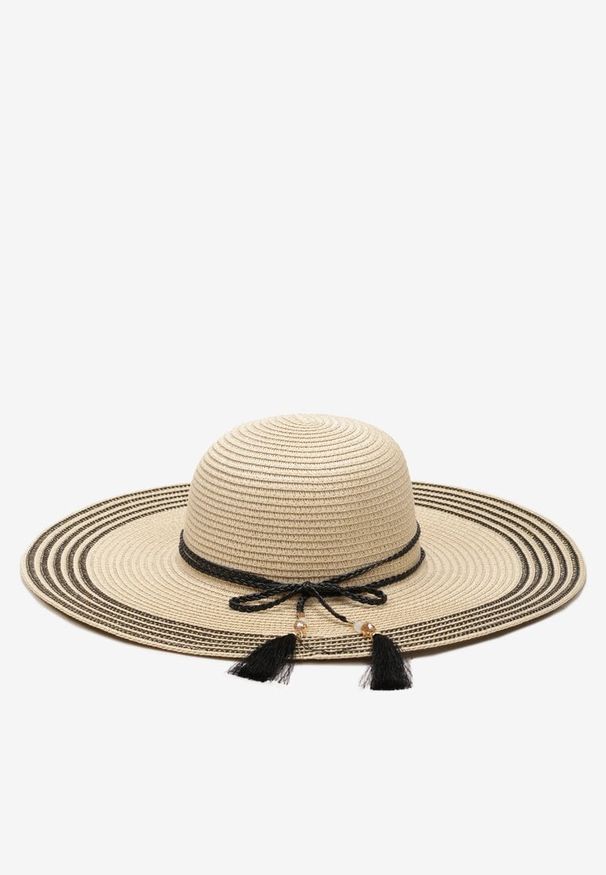 Born2be - Beżowy Kapelusz Plażowy z Dużym Rondem Ozdobiony Koralikami i Chwostami Yahella. Kolor: beżowy. Materiał: len, materiał, jeans. Wzór: aplikacja. Sezon: lato. Styl: boho, klasyczny, elegancki, casual