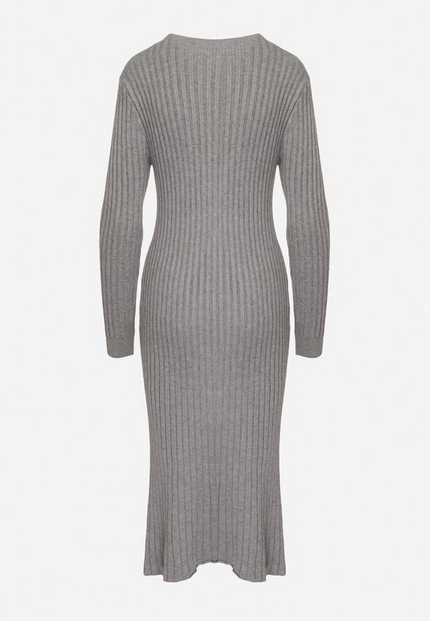 Born2be - Szara Dopasowana Sukienka z Wiskozą z Prążkowanego Materiału Ściągana Troczkiem Eleavia. Okazja: na co dzień. Kolor: szary. Materiał: prążkowany, wiskoza, materiał. Wzór: aplikacja. Styl: casual