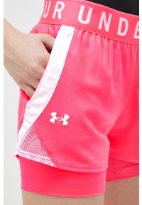 Under Armour szorty treningowe damskie kolor różowy z nadrukiem high waist 1351981-662. Stan: podwyższony. Kolor: różowy. Materiał: tkanina, skóra, dzianina, materiał. Wzór: nadruk #3