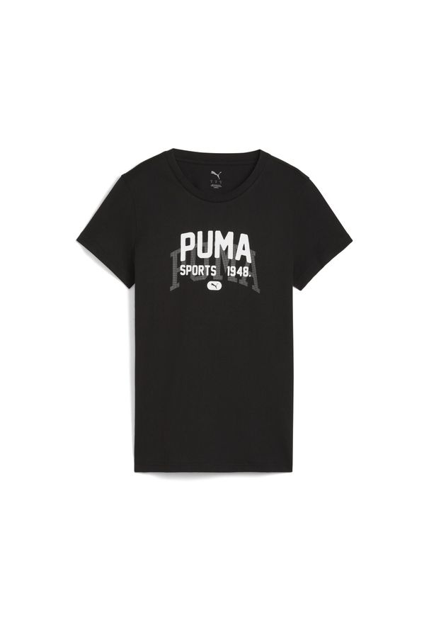 Puma - Damska koszulka z grafiką w uniwersyteckim stylu PUMA. Kolor: czarny. Sport: bieganie