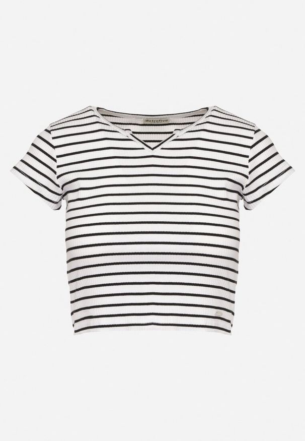 Born2be - Biało-Czarny Bawełniany T-shirt Koszulka z Krótkim Rękawem i Wycięciem przy Dekolcie Zolianara. Kolor: biały. Materiał: bawełna. Długość rękawa: krótki rękaw. Długość: krótkie. Sezon: lato