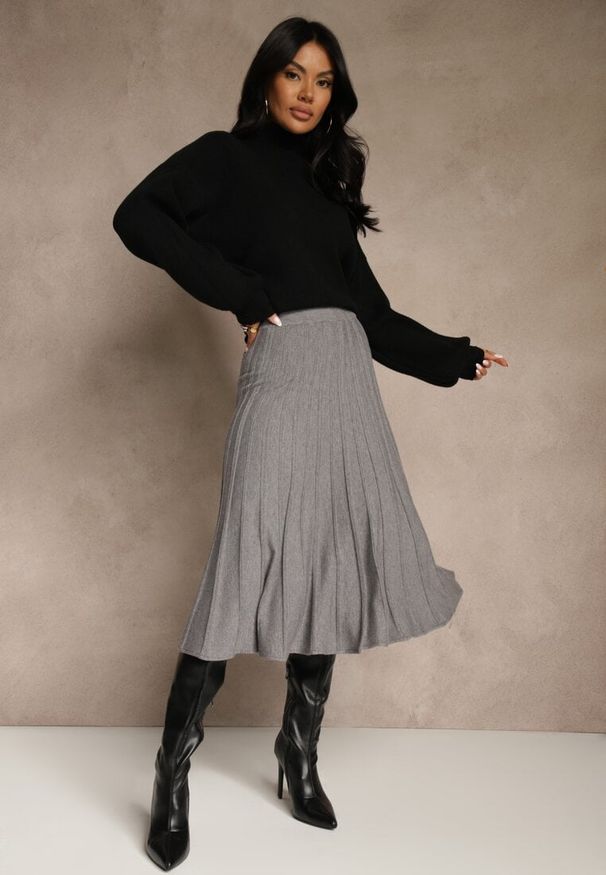 Renee - Szara Dzianinowa Spódnica Plisowana o Rozkloszowanym Kroju Tuswia. Okazja: na co dzień. Stan: podwyższony. Kolor: szary. Materiał: dzianina. Wzór: aplikacja. Styl: klasyczny, casual