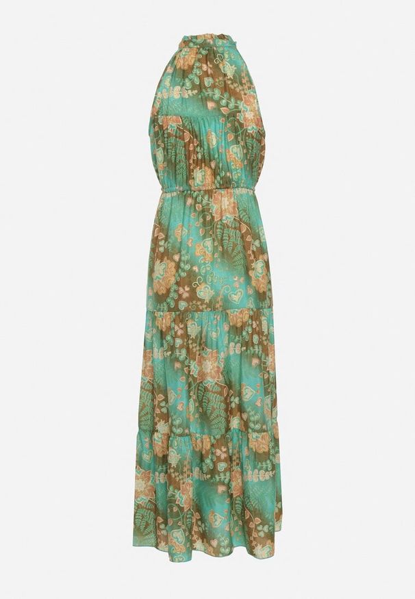 Born2be - Zielona Taliowana Sukienka w Kwiaty z Gumką w Pasie i Wiązaniem przy Szyi Lusaria. Okazja: na co dzień. Kolor: zielony. Materiał: skóra. Długość rękawa: bez rękawów. Wzór: kwiaty. Sezon: wiosna, lato. Styl: boho, casual, elegancki