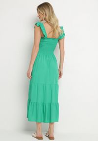 Born2be - Zielona Rozkloszowana Bawełniana Sukienka na Ramiączkach z Gumkami i Falbanką Mevesta. Okazja: na spacer. Typ kołnierza: kołnierz z falbankami, dekolt kwadratowy. Kolor: zielony. Materiał: bawełna. Długość rękawa: na ramiączkach #7
