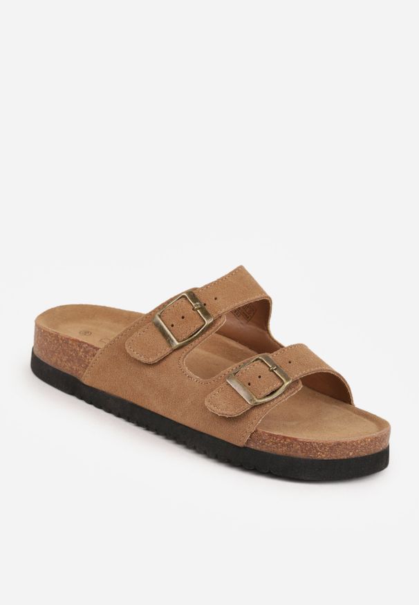 Born2be - Jasnobrązowe Klasyczne Klapki z Zamszu Naturalnego z Paskami z Klamrami z Regulacją Realie. Okazja: na co dzień. Kolor: brązowy. Materiał: zamsz. Wzór: paski. Styl: klasyczny