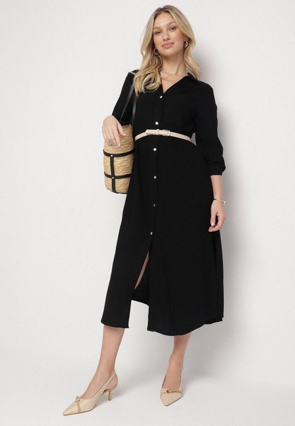 Born2be - Czarna Koszulowa Sukienka z Lnem i Wiskozą z Regulowanymi Rękawami Melvezia. Okazja: na co dzień. Kolor: czarny. Materiał: len, wiskoza. Typ sukienki: koszulowe. Styl: casual