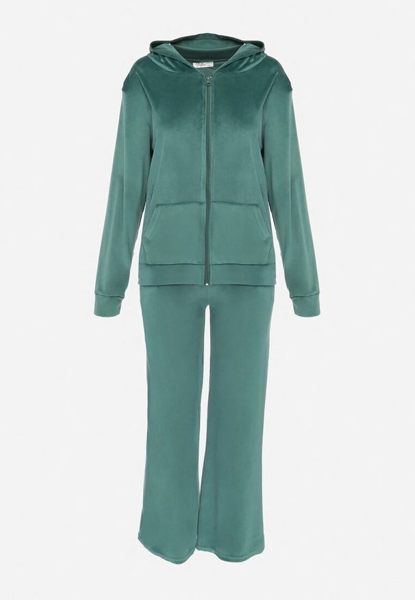 Born2be - Ciemnozielony Welurowy Komplet Dresowy Bluza z Kapturem i Szerokie Spodnie Atiferi. Kolor: zielony. Materiał: dresówka, welur