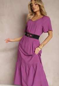 Renee - Fioletowa Rozkloszowana Sukienka Maxi z Bawełny z Trójkątnym Dekoltem Nastal. Kolor: fioletowy. Materiał: bawełna. Typ sukienki: rozkloszowane. Długość: maxi #1