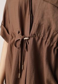 Born2be - Brązowa Nietoperzowa Koszula Safari z Lnem i Wiskozą ze Ściągaczem w Pasie Mezriss. Okazja: na co dzień, do pracy, na spotkanie biznesowe. Kolor: brązowy. Materiał: wiskoza, len. Styl: casual, biznesowy #3