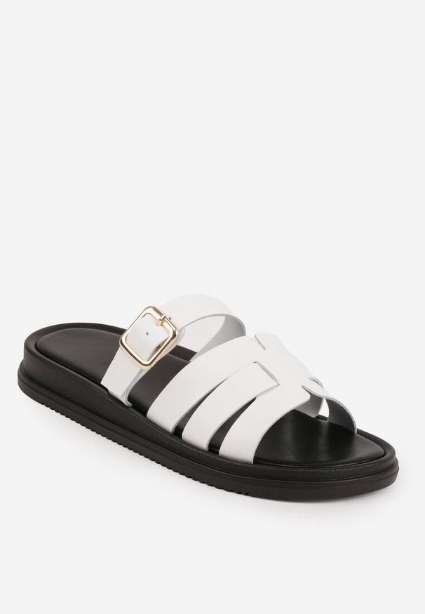 Renee - Białe Klapki z Przekładanymi Paskami i Regulacją z Klamrą Celilye. Okazja: na co dzień. Kolor: biały. Materiał: koronka. Sezon: lato. Styl: boho, casual