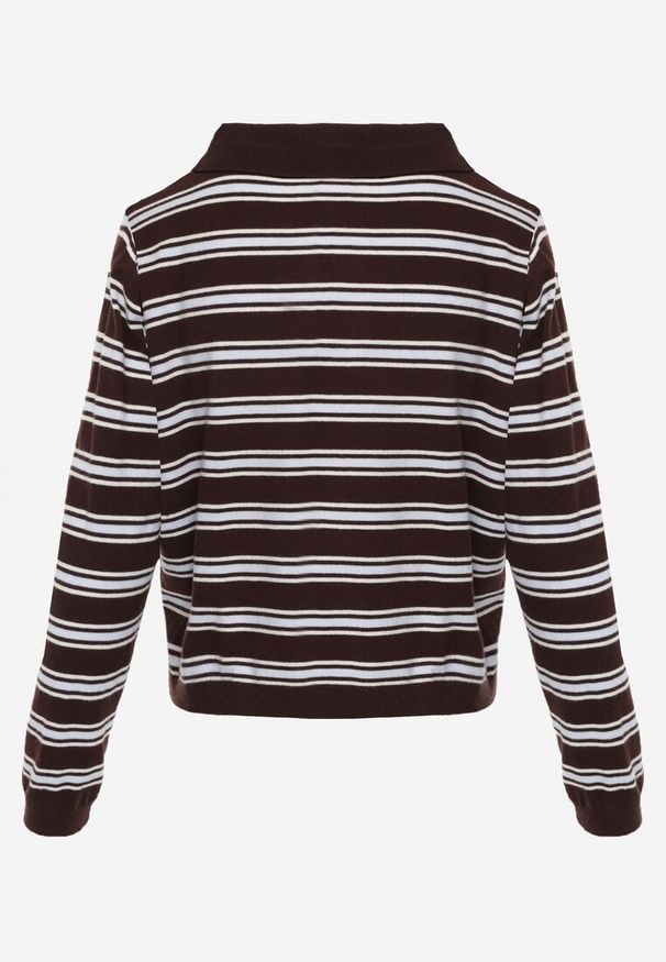Renee - Brązowy Pasiasty Sweter z Kołnierzem i Guzikami Marlea. Okazja: na randkę. Kolor: brązowy. Materiał: jeans, wiskoza, skóra. Styl: elegancki, klasyczny