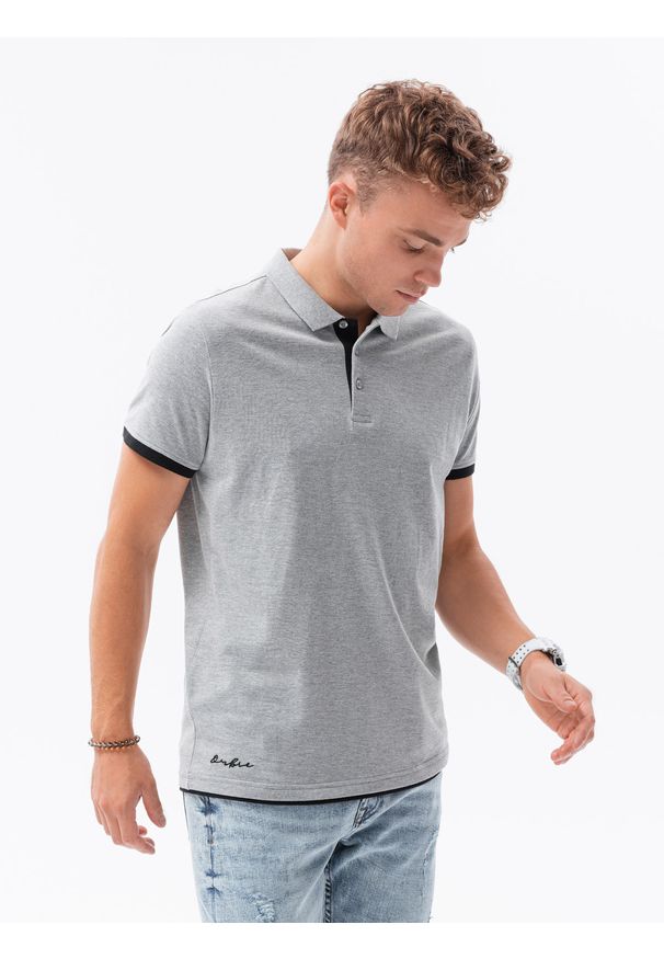 Ombre Clothing - Koszulka męska polo bawełniana - jasnoszara V7 S1382 - S. Typ kołnierza: polo. Kolor: szary. Materiał: bawełna. Wzór: nadruk. Styl: klasyczny