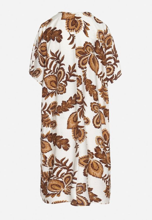 Born2be - Brązowa Sukienka z Lnem i Wiskozą Ozdobiona Cyrkoniami Sadelune. Okazja: na co dzień. Typ kołnierza: dekolt w serek. Kolor: brązowy. Materiał: wiskoza, len. Wzór: aplikacja. Styl: elegancki, casual, klasyczny