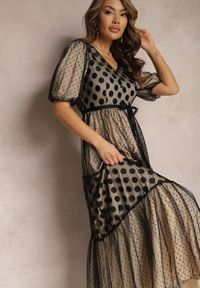 Renee - Beżowo-Czarna Maxi Sukienka Tiulowa Rozkloszowana z Paskiem i Bufiastymi Rękawami Bervilla. Kolor: beżowy. Materiał: tiul. Styl: elegancki. Długość: maxi #4
