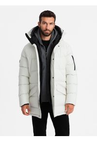 Ombre Clothing - Męska długa kurtka parka ze strukturalnej tkaniny – biała V1. Kolor: biały. Materiał: tkanina. Długość: długie. Wzór: aplikacja #5