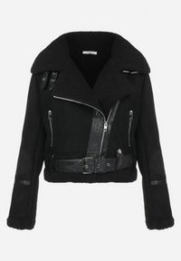 Born2be - Czarna Kurtka Biker z Imitacji Zamszu i Kożuszka Ves. Kolor: czarny. Materiał: zamsz #7