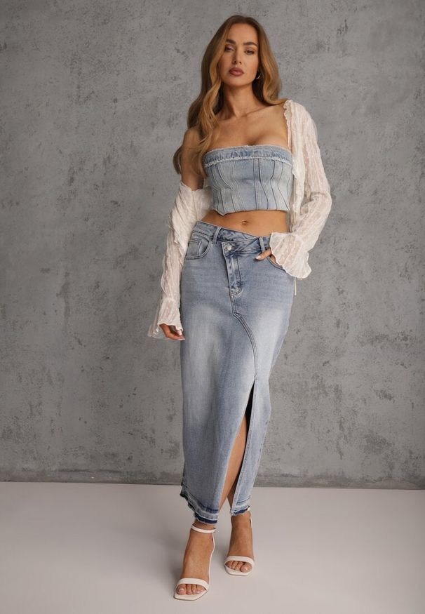 Renee - Niebieska Spódnica z Jeansu z Bawełną High Waist o Asymetrycznym Kroju Vikisla. Stan: podwyższony. Kolor: niebieski. Materiał: bawełna, jeans