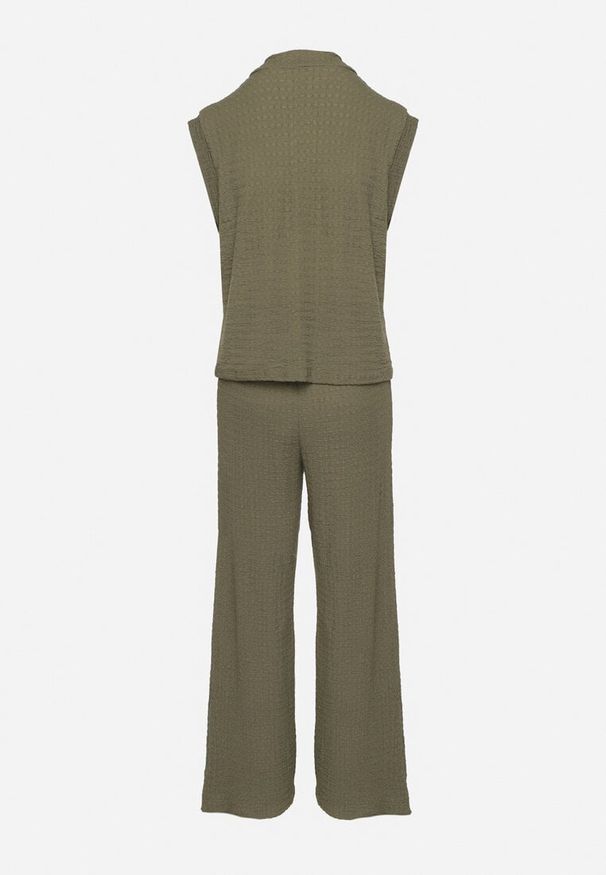 Born2be - Ciemnozielony Komplet Bluzka Bez Rękawów Zdobiona Broszkami i Szerokie Spodnie Sadaniae. Kolor: zielony. Wzór: aplikacja