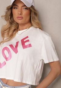 Renee - Biały Krótki T-shirt Oversize z Bawełny z Ozdobnym Napisem Sanillva. Okazja: na co dzień. Kolor: biały. Materiał: bawełna. Długość: krótkie. Wzór: napisy. Styl: casual #3