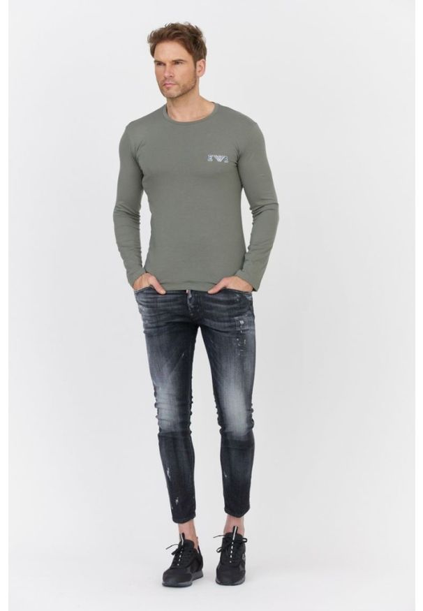 Emporio Armani - EMPORIO ARMANI Zielony longsleeve męski z granatowym logo, Rozmiar S. Kolor: zielony. Materiał: prążkowany. Długość rękawa: długi rękaw