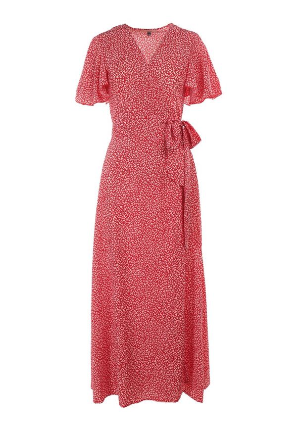 Born2be - Czerwona Sukienka Theminophe. Okazja: na co dzień. Kolor: czerwony. Materiał: tkanina, wiskoza, materiał. Wzór: kropki. Typ sukienki: rozkloszowane, kopertowe, proste. Styl: casual. Długość: maxi