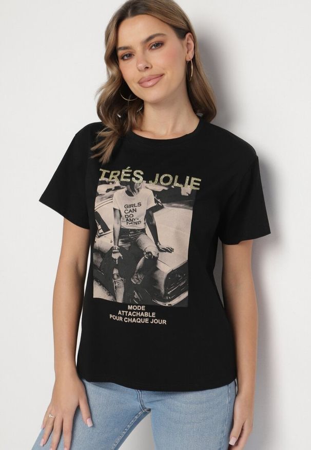 Born2be - Czarny T-shirt z Bawełny Ozdobiony Nadrukiem i Brokatem Marionel. Okazja: na co dzień. Kolor: czarny. Materiał: bawełna. Wzór: nadruk, aplikacja. Styl: casual, elegancki, klasyczny