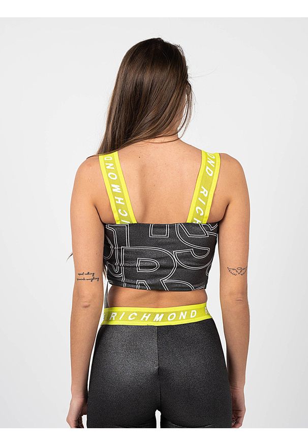 John Richmond - Richmond Sport Top "Fitness" | UWA22079TO | Fitness | Kobieta | Czarny, Żółty, Grafitowy, Srebrny. Kolor: szary, żółty, srebrny, wielokolorowy, czarny. Materiał: poliester, elastan. Długość rękawa: na ramiączkach. Wzór: nadruk. Styl: sportowy