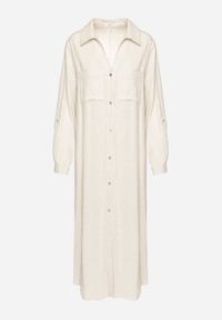 Born2be - Beżowa Koszulowa Sukienka z Lnem i Wiskozą z Regulowanymi Rękawami Melvezia. Okazja: na co dzień. Kolor: beżowy. Materiał: len, wiskoza. Typ sukienki: koszulowe. Styl: casual #5