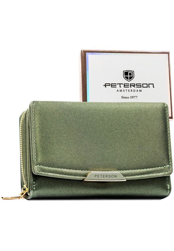 Portfel damski ze skóry ekologicznej w zielonym kolorze wyposażony w system RFID - Peterson. Kolor: zielony. Materiał: skóra ekologiczna