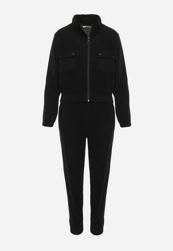 Born2be - Czarny Komplet Dresowy z Prążkowanego Materiału Bluza z Kołnierzykiem i Spodnie z Gumką w Pasie Kerulla. Kolor: czarny. Materiał: dresówka, materiał, prążkowany