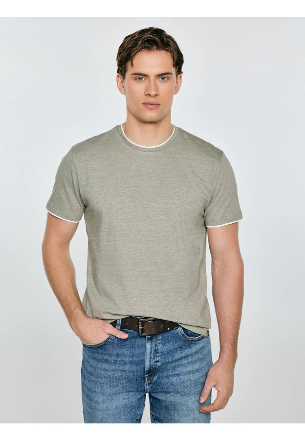 Big-Star - Koszulka męska w drobne paski khaki Fredriser 303. Okazja: na co dzień, do pracy. Kolor: zielony. Materiał: dzianina, jeans. Wzór: paski. Styl: casual