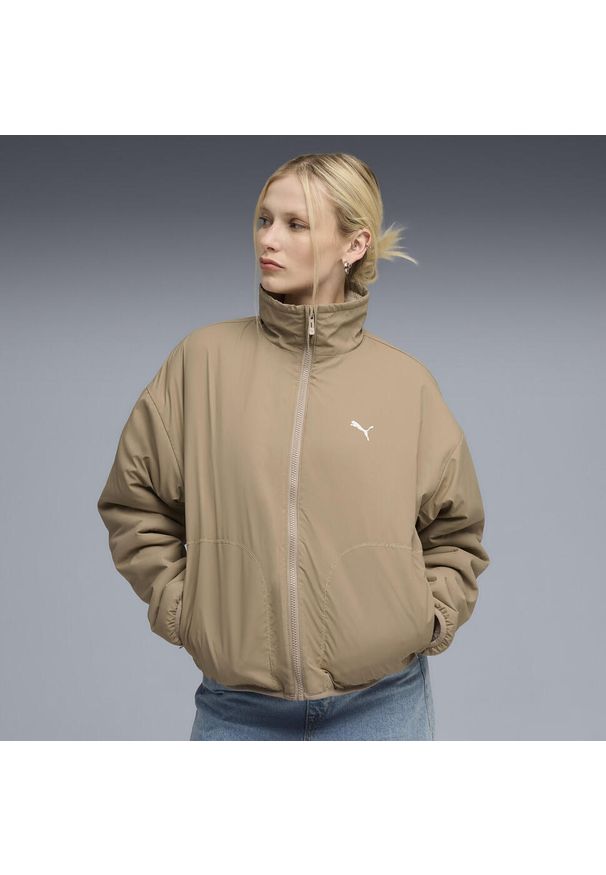 Puma - Damska dwustronna kurtka hybrydowa z dzianiną typu baranek PUMA. Kolor: biały. Materiał: dzianina. Wzór: gładki. Sport: bieganie