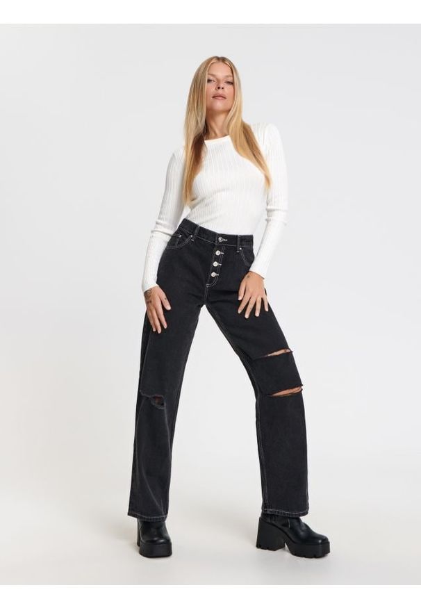 Sinsay - Jeansy straight mid waist - szary. Kolor: szary. Sezon: lato