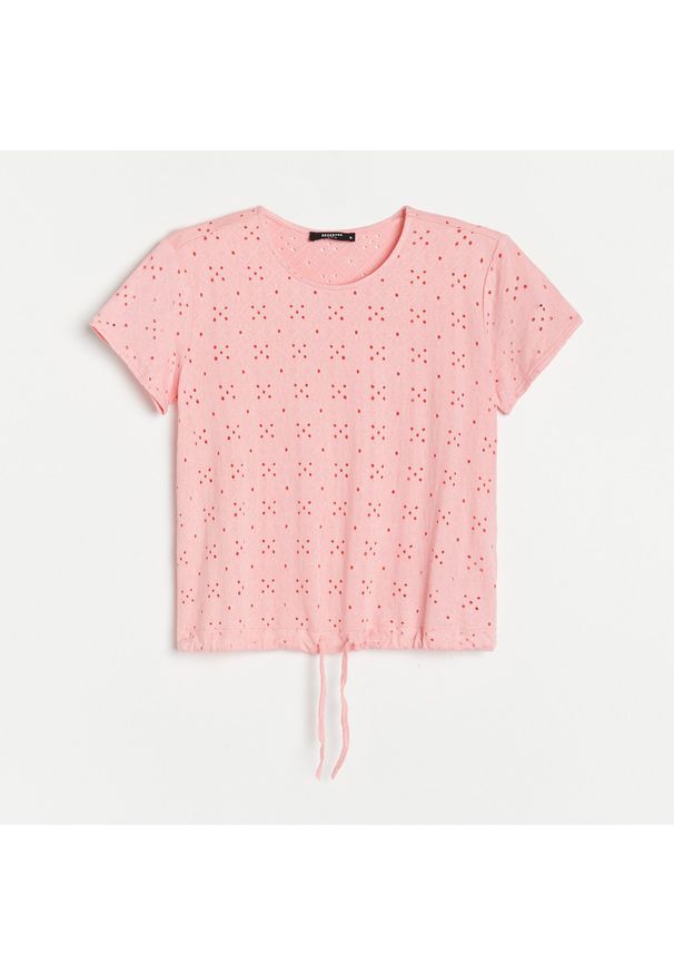 Reserved - Ażurowy t-shirt - Różowy. Kolor: różowy. Wzór: ażurowy