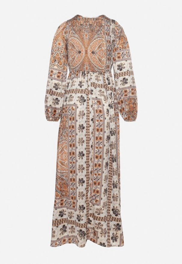 Born2be - Beżowa Sukienka w Stylu Boho z Rozkloszowanym Dołem i Bufiastymi Rękawami Ertiana. Okazja: na co dzień. Kolor: beżowy. Materiał: materiał. Typ sukienki: proste, rozkloszowane. Styl: boho