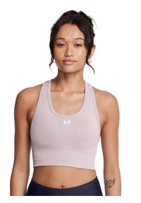 Biustonosz treningowy damski Under Armour Vanish Seamless Mid Bra - beżowy. Kolor: beżowy. Materiał: elastan, dzianina, materiał, nylon. Sport: kolarstwo, fitness